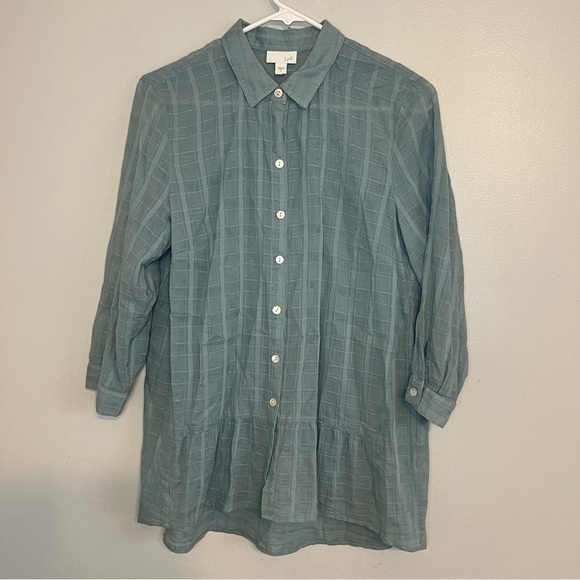 J.jill Gauzy Light Blue Peplum Plaid Blouse Sz S Lightweight Babydoll Flowy - Picture 1 of 12